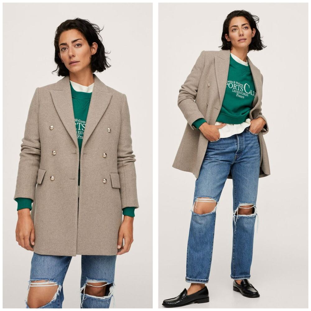 Mango Buttoned Wool Coat Size Small Taupe Preppy Minimalist Chic